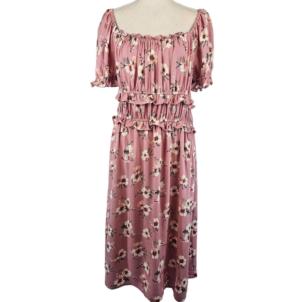 Lily Rose Pink Floral Square Neck Short Sleeve Blouson Peasant Midi Dress 1X